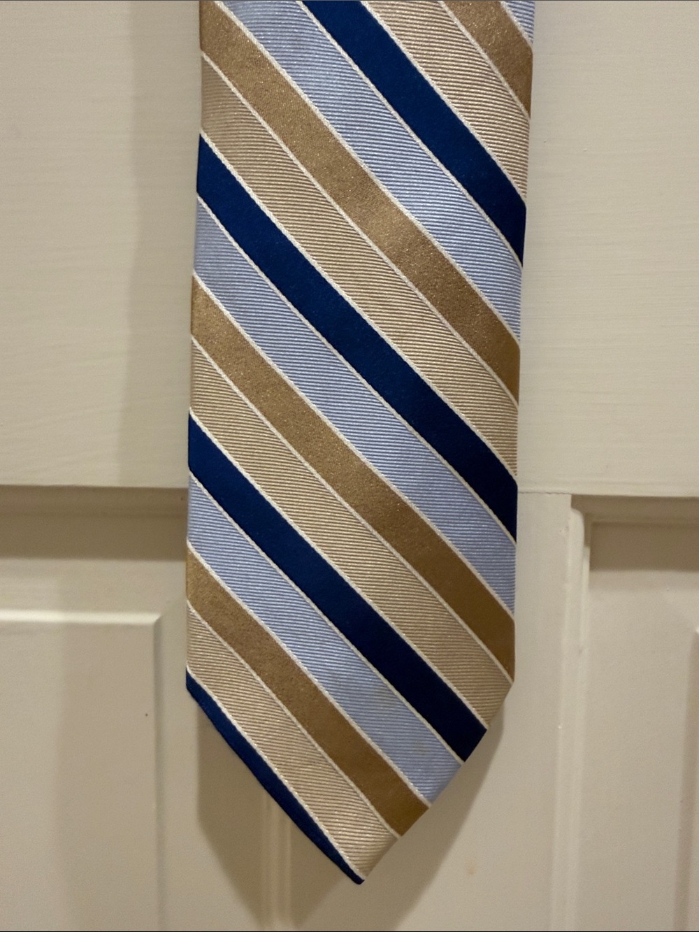 Brooks Brothers Navy, Light Blue and Tan Diagonal Stripe Silk Tie